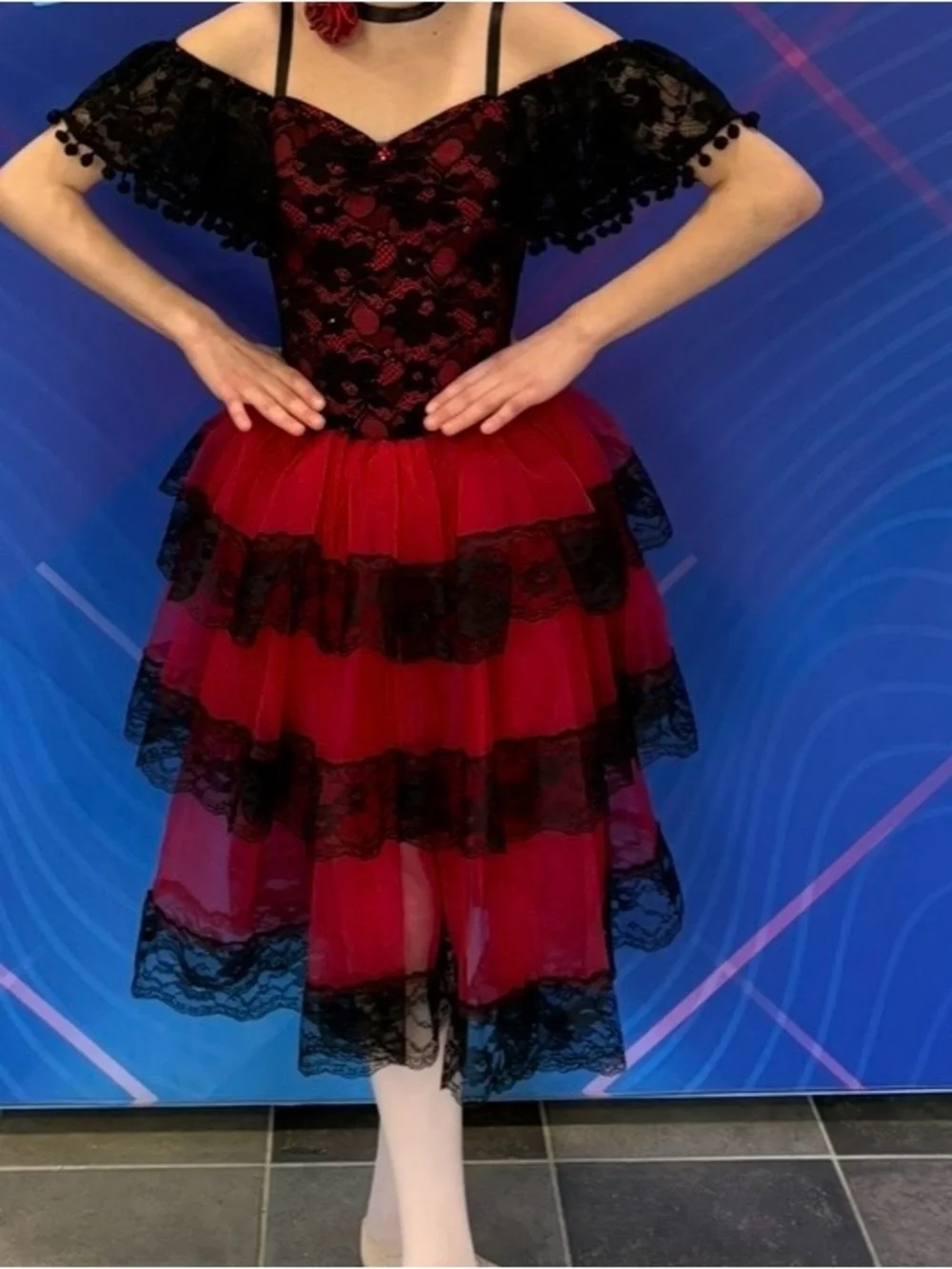 Awish Come True Red and Black Spanish Ballet Dance Costume with Fan Accent